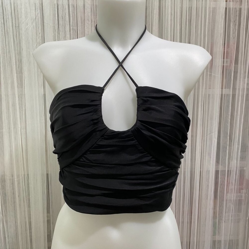 Zara Ruched Criss Cross Halter Crop Top Size Small Black U Neck Club Going out